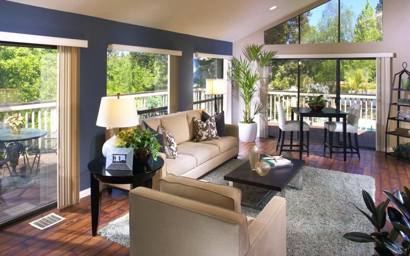 a living room with a large window